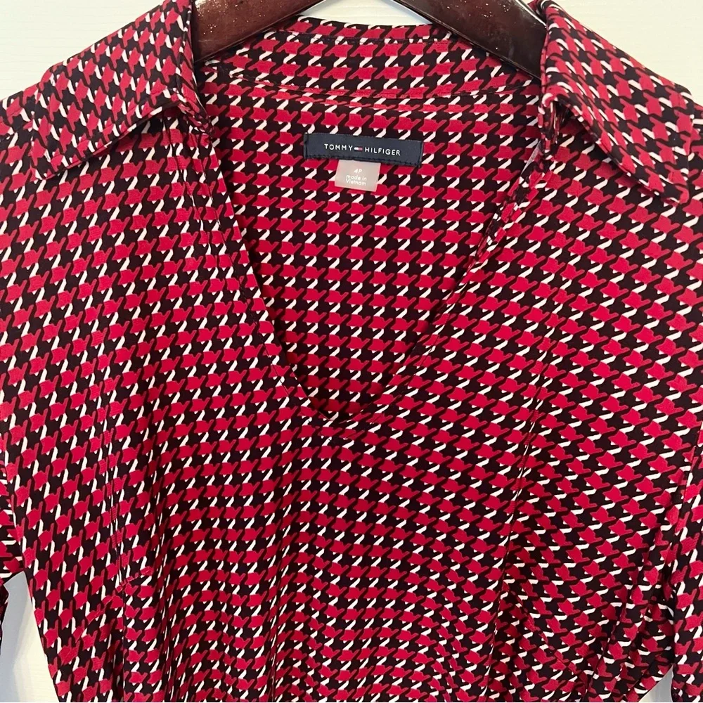 Tommy Hilfiger-Houndstooth Jersey Shirtdress With Belt-Sleeves-Size 4 Petite - Picture 2 of 11